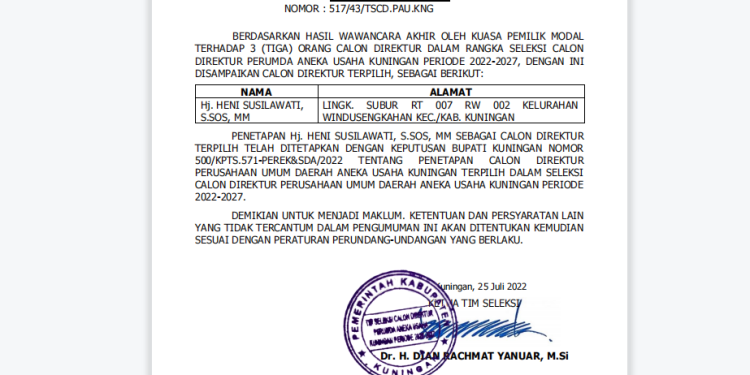Pengumuman Calon Direktur Terpilih PERUMDA Aneka Usaha Kuningan Periode 2022-2027