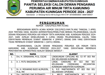 Pengumuman Hasil Seleksi Administrasi/Penelitian Berkas Pelamar/Bakal Calon  Dewan Pengawas Perumda Air Minum Tirta Kamuning Kabupaten Kuningan Periode 2024- 2027