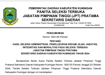 Pengumuman Hasil Seleksi Administrasi, Penelusuran Rekam Jejak Jabatan, Integritas dan Moralitas pada Seleksi Terbuka Jabatan Pimpinan Tinggi Pratama Sekretaris Daerah Kabupaten Kuningan tahun 2024