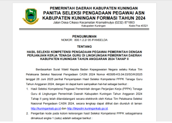 Pengumuman Hasil Seleksi Kompetensi Pengadaan Pegawai Pemerintah dengan Perjanjian Kerja Tenaga Guru di Lingkungan Pemerintah Daerah Kabupaten Kuningan Tahun Anggaran 2024 Tahap II