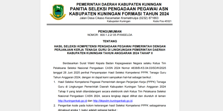 Pengumuman Hasil Seleksi Kompetensi Pengadaan Pegawai Pemerintah dengan Perjanjian Kerja Tenaga Guru di Lingkungan Pemerintah Daerah Kabupaten Kuningan Tahun Anggaran 2024 Tahap II
